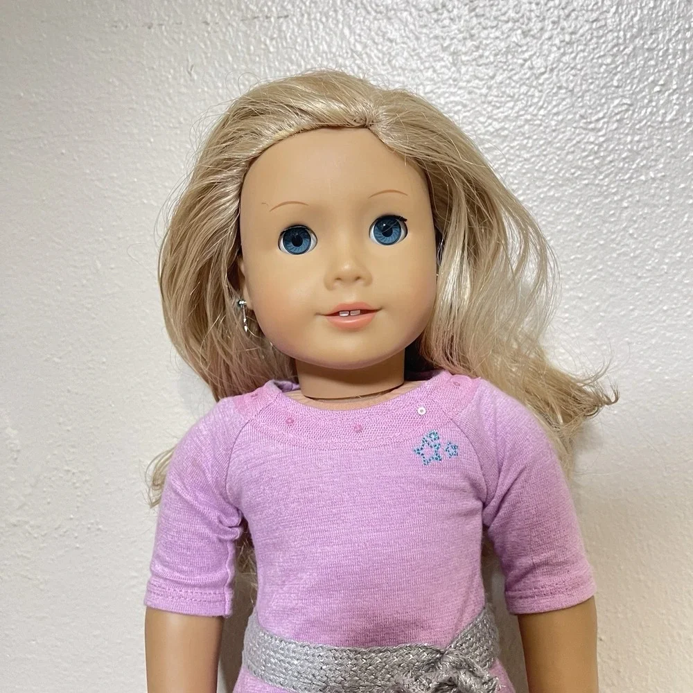 American Girl Doll Just Like You Truly Me‎ 2014 Blonde Blue Eyes Earrings Dress